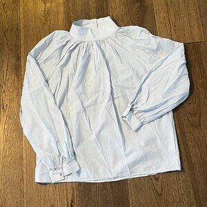 Zara Blue Stripe Cotton High-neck Blouse